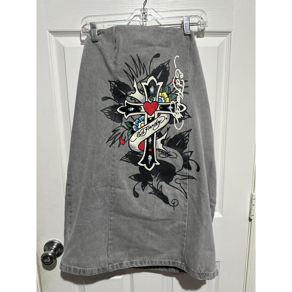 Ed Hardy Dress Women 1X Plus Gray Strapless Mini Denim Side Zip Graphic Jean Y2K